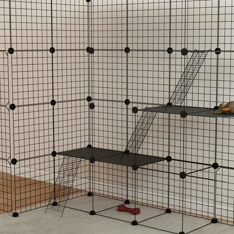 PawHut Detachable Metal Cat Cage with Platforms, Ramps, Accessories, for 1-3 Cats, 55", Black