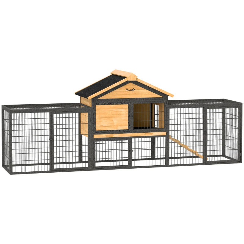 PawHut Wooden Rabbit Hutch Outdoor, 85" Large Bunny Cage with Steel Run, Removable Plastic Tray, Asphalt Roof, Ramp