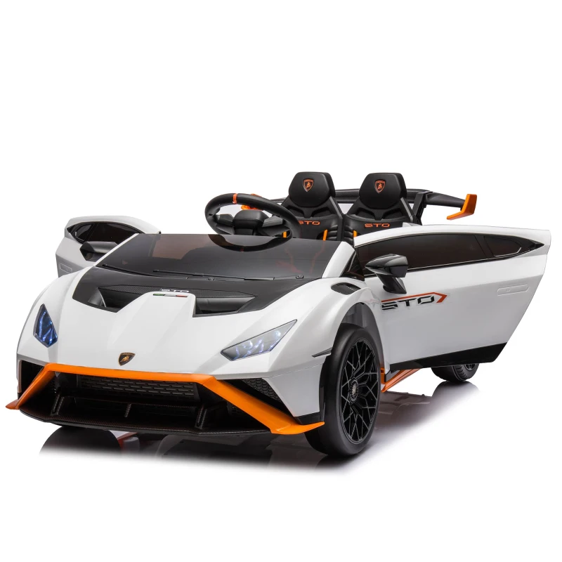 24V Lamborghini Huracan Sto Kids Drift Car with Remote Control, Dual-Drive Suspension, LED Lights, USB, Ages 3-8, 46" L x 27" W x 17" H, White