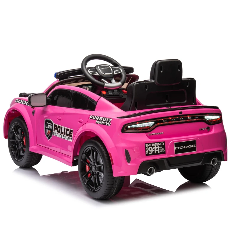 12V Licensed Dodge Kids Police Car with Remote Control, Anti-Collision Bar, Alarm Lights, 4-Wheel Suspension, 42" L x 27" W x 19.5" H, Pink