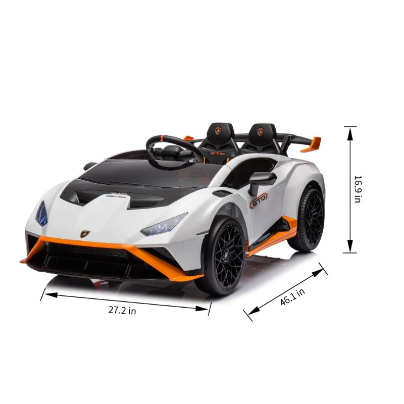 24V Lamborghini Huracan Sto Kids Drift Car with Remote Control, Dual-Drive Suspension, LED Lights, USB, Ages 3-8, 46" L x 27" W x 17" H, White
