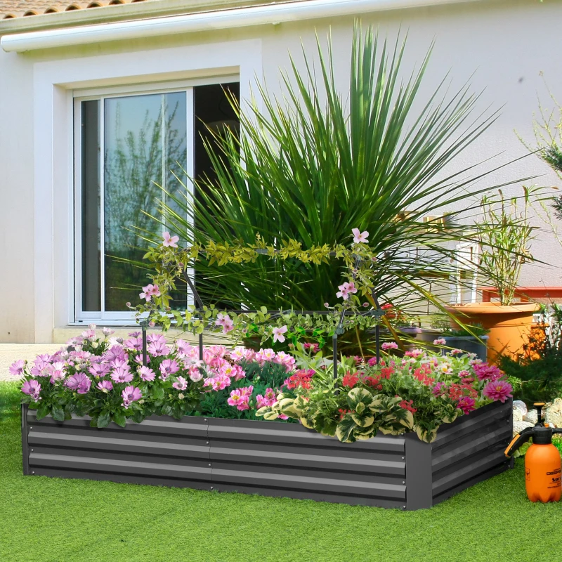 Outsunny 6' x 3' x 1' Raised Garden Bed with 2 Trellis Tomato Cages, Steel Frame Elevated Planter Box, Dark Grey