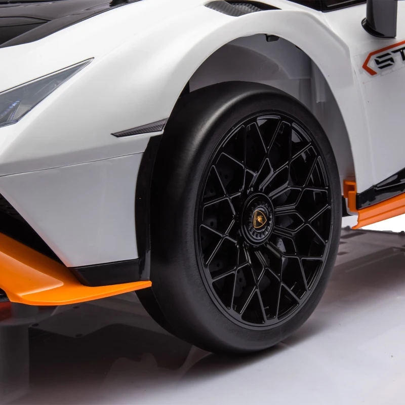 24V Lamborghini Huracan Sto Kids Drift Car with Remote Control, Dual-Drive Suspension, LED Lights, USB, Ages 3-8, 46" L x 27" W x 17" H, White