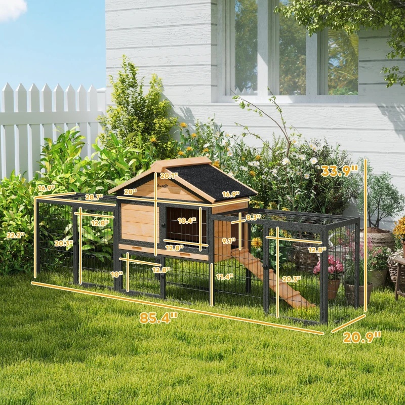 PawHut Wooden Rabbit Hutch Outdoor, 85" Large Bunny Cage with Steel Run, Removable Plastic Tray, Asphalt Roof, Ramp