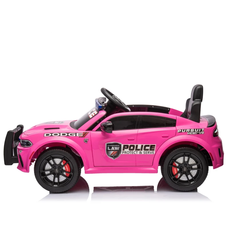 12V Licensed Dodge Kids Police Car with Remote Control, Anti-Collision Bar, Alarm Lights, 4-Wheel Suspension, 42" L x 27" W x 19.5" H, Pink
