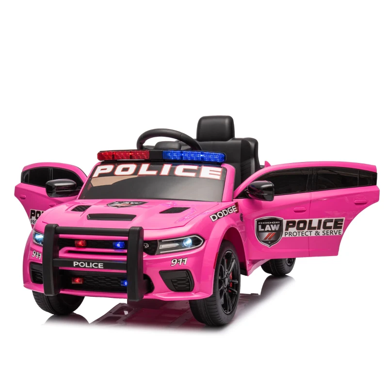 12V Licensed Dodge Kids Police Car with Remote Control, Anti-Collision Bar, Alarm Lights, 4-Wheel Suspension, 42" L x 27" W x 19.5" H, Pink