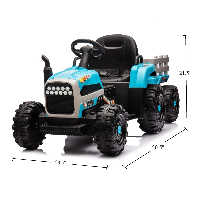 24V 3-Speed Ride-On Tractor with Trailer and Safety Belt, Battery Powered Electric Toy with Remote Control and Bluetooth, for Ages 3-6, Blue