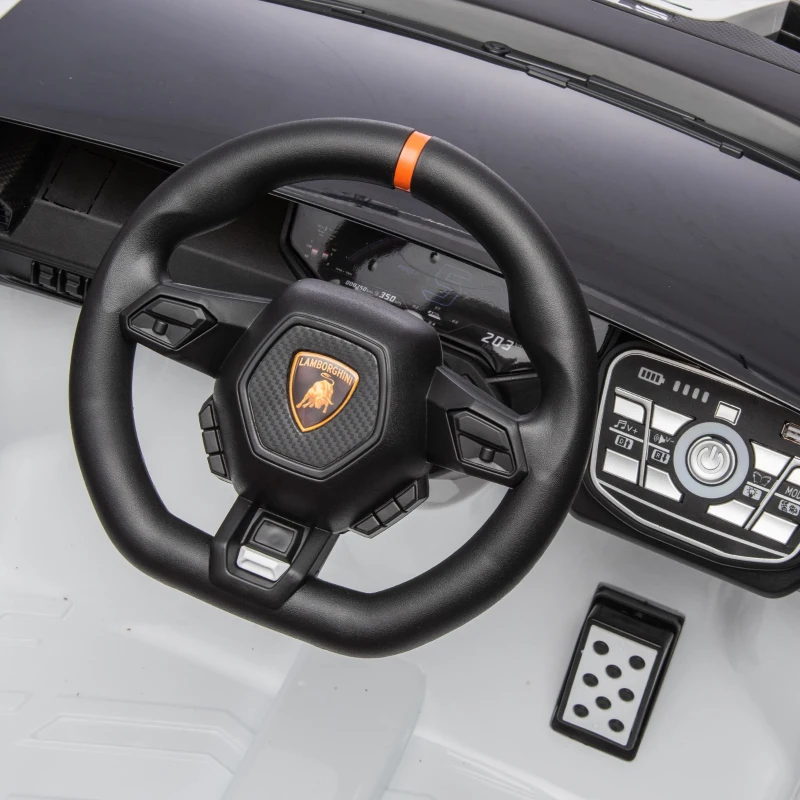 24V Lamborghini Huracan Sto Kids Drift Car with Remote Control, Dual-Drive Suspension, LED Lights, USB, Ages 3-8, 46" L x 27" W x 17" H, White