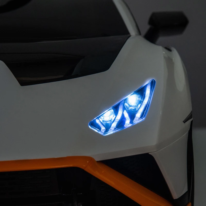 24V Lamborghini Huracan Sto Kids Drift Car with Remote Control, Dual-Drive Suspension, LED Lights, USB, Ages 3-8, 46" L x 27" W x 17" H, White