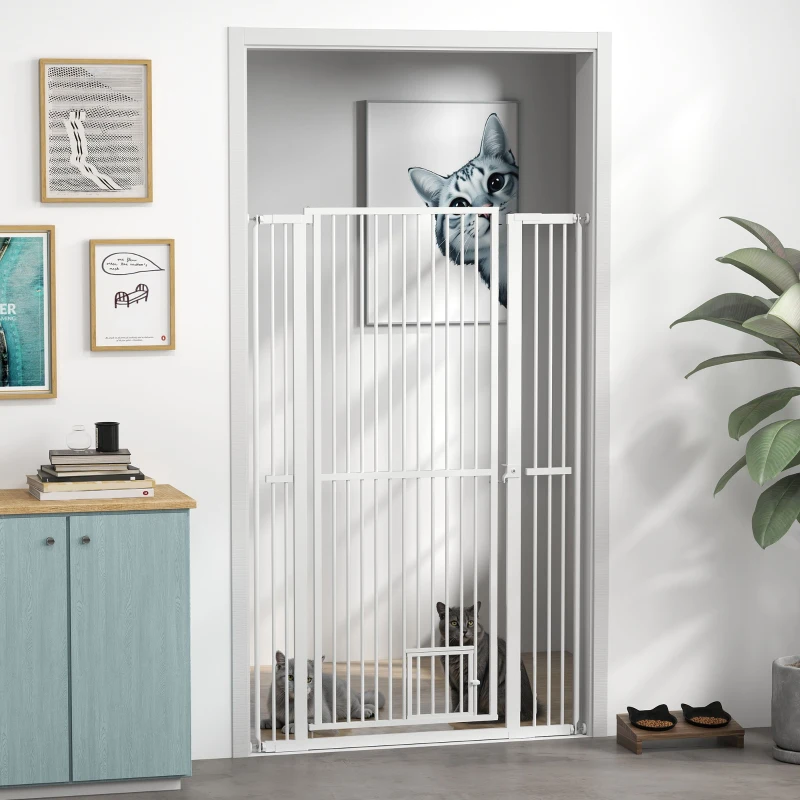 PawHut 59" Extra Tall Pet Gate, 30"-41" Dog Gate with Cat Door, 1.4" Narrow Gap, 2.8" and 5.5" Extension, for Doorway, Hallway