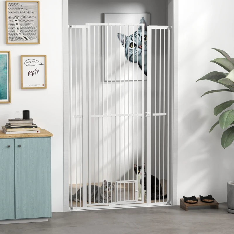 PawHut 67" Extra Tall Pet Gate, 30"-41" Dog Gate with Cat Door, 1.4" Narrow Gap, 2.8" and 5.5" Extension, for Doorway, Hallway