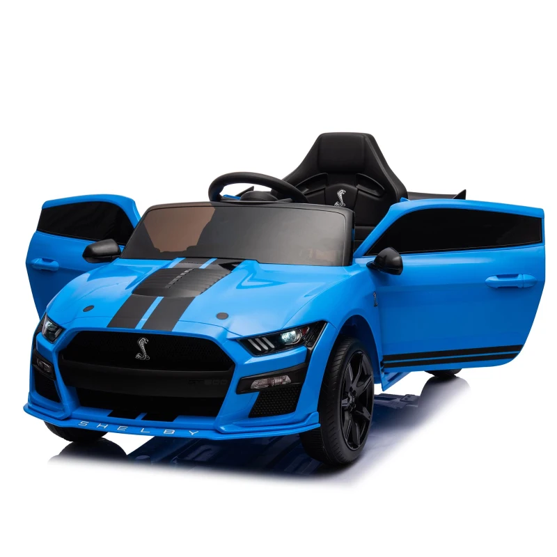 12V Ford Mustang Car with Remote Control, LED Lights, AUX/USB MP3, Safe Belt, Ride-On Car for Age 3+, 41.5" L x 25.5" W x 20" H, Blue