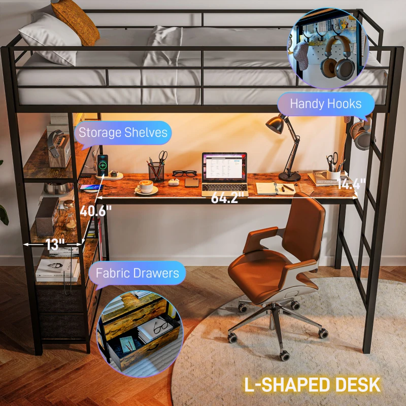 HOMCOM Twin Size Loft Bed with Desk, LED Lights, Charging Station, Twin Metal Loft Bed Frame with Storage, Black