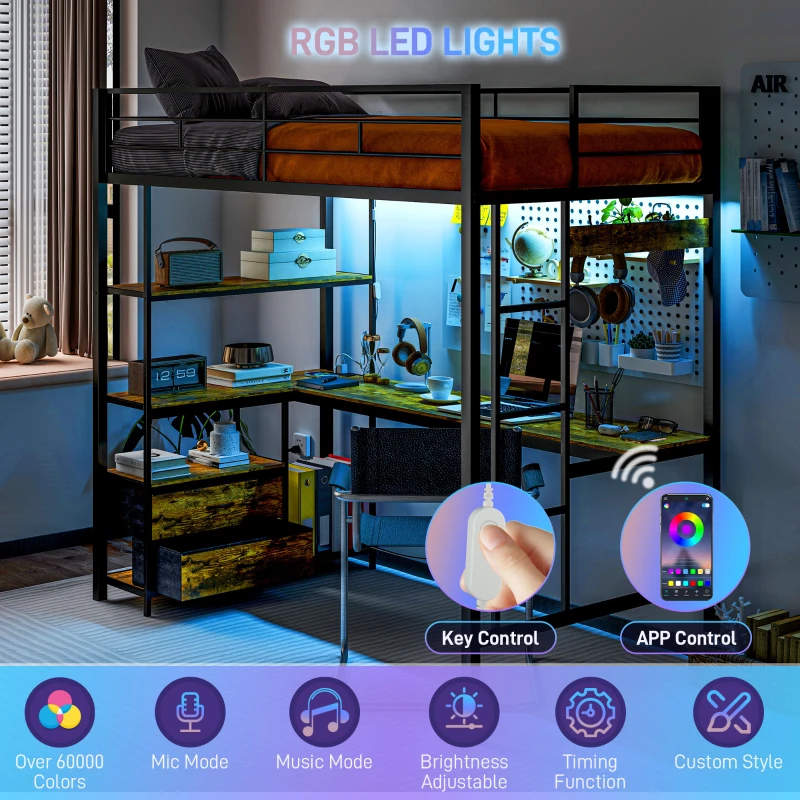 HOMCOM Twin Size Loft Bed with Desk, LED Lights, Charging Station, Twin Metal Loft Bed Frame with Storage, Black