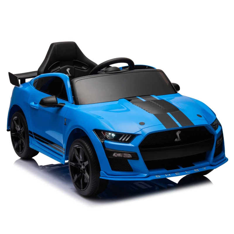 12V Ford Mustang Car with Remote Control, LED Lights, AUX/USB MP3, Safe Belt, Ride-On Car for Age 3+, 41.5" L x 25.5" W x 20" H, Blue