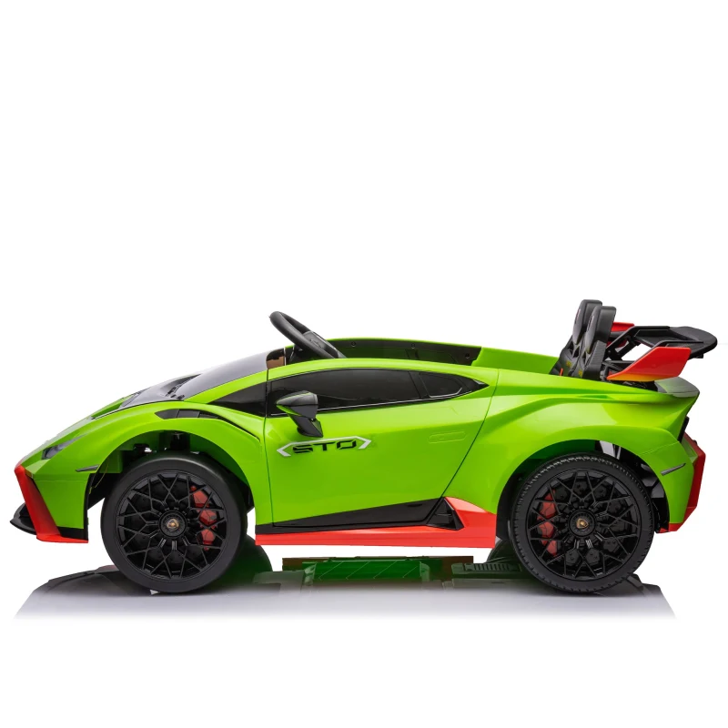 24V Lamborghini Huracan Sto Kids Electric Ride-On Drift Car with Speeds 1.86-5.59 MPH, Foam Front Wheels, and 360° Spin, for Ages 3-8, Green