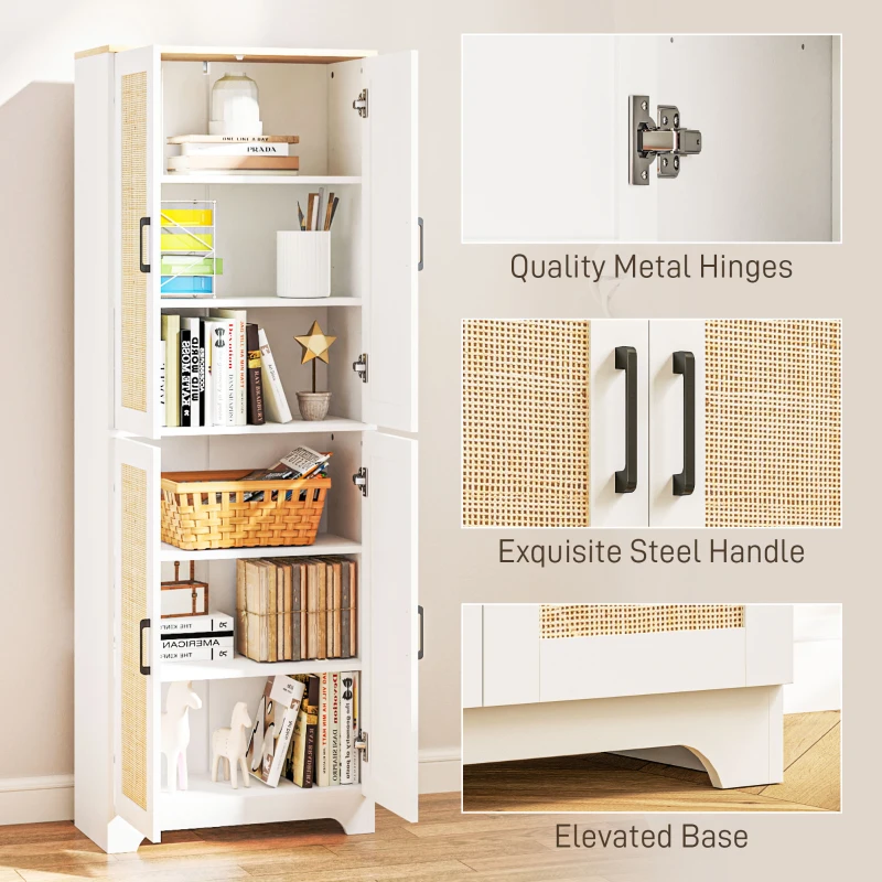 HOMCOM 67" Tall Kitchen Pantry, Freestanding Kitchen Storage Cabinet with 4 Rattan Doors and Adjustable Shelves, White