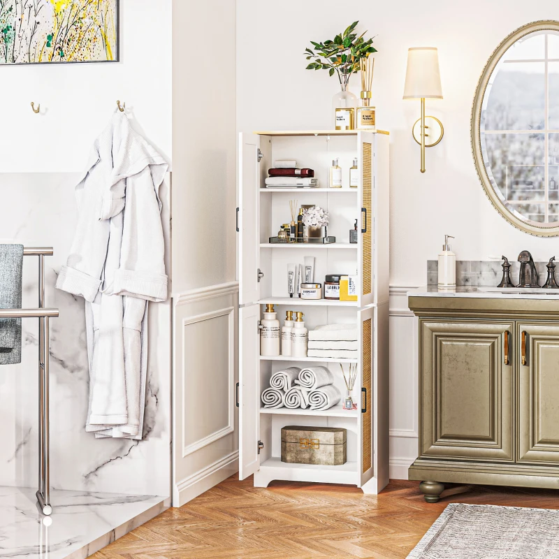 HOMCOM 67" Tall Kitchen Pantry, Freestanding Kitchen Storage Cabinet with 4 Rattan Doors and Adjustable Shelves, White