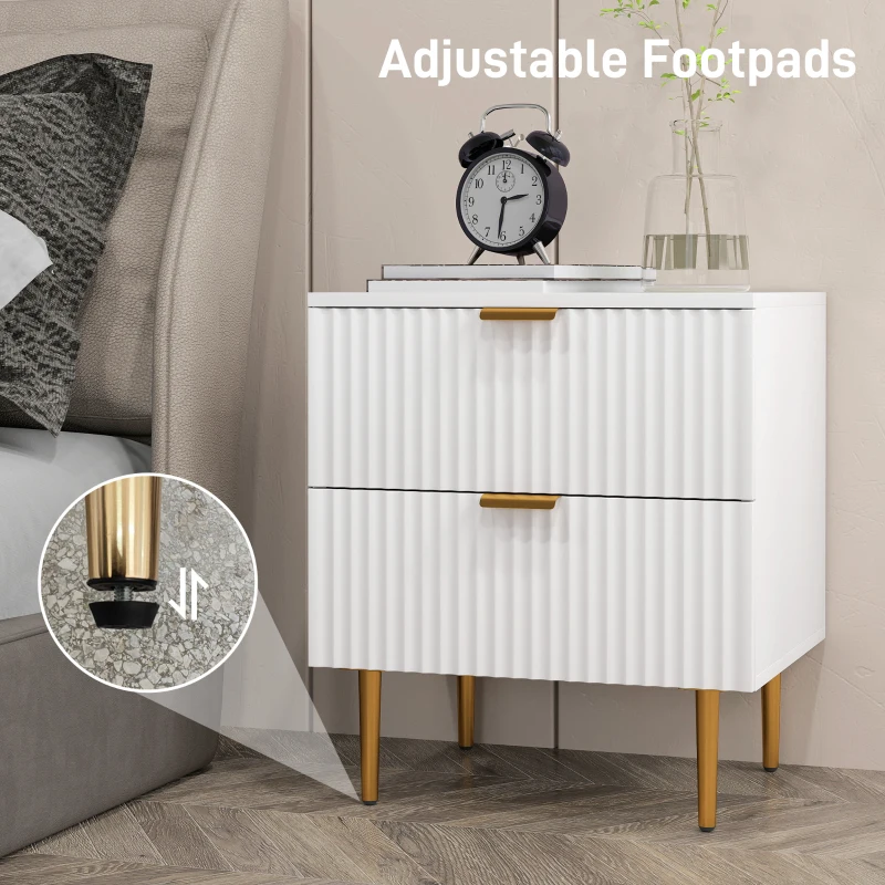 HOMCOM Bedside Table, Modern Nightstand with 2 Drawers, Side End Table with Metal Legs for Living Room, Bedroom, White