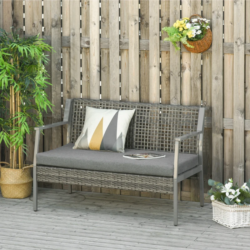 Outsunny Aluminum Rattan Wicker Outdoor Patio Cushioned Loveseat Bench for Backyard Porch Garden Poolside and Deck, Grey