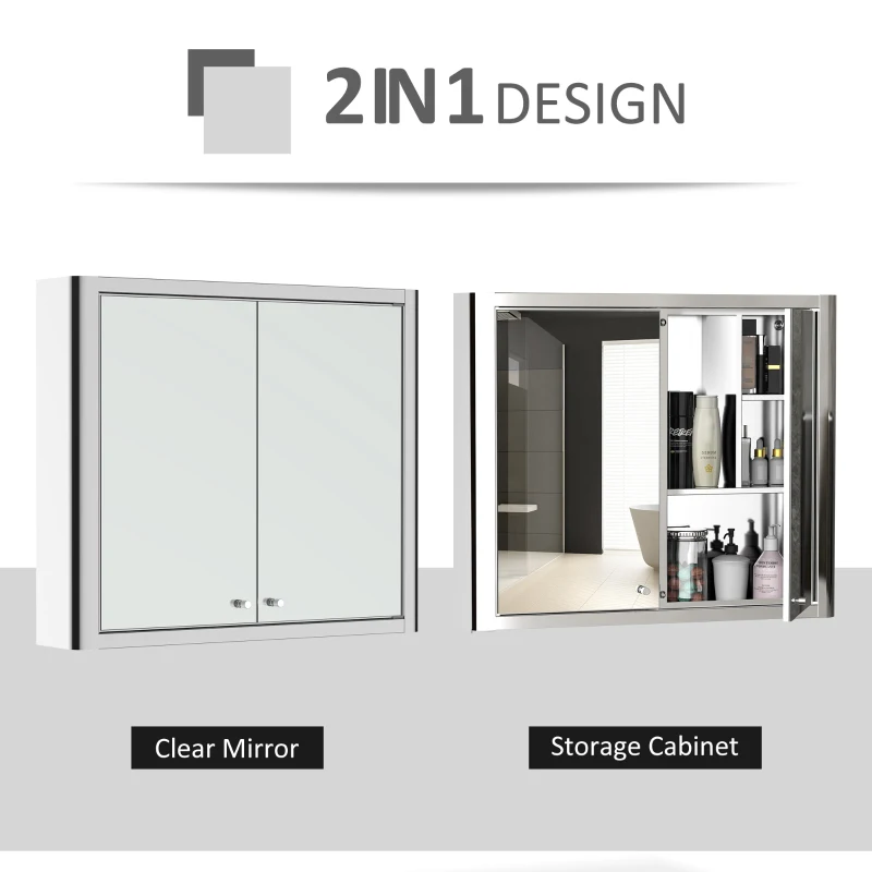 kleankin 28" x 24" Wall Mounted Bathroom Mirror Cabinet with Door Shelves Medicine Cabinet Stainless Steel, Silver