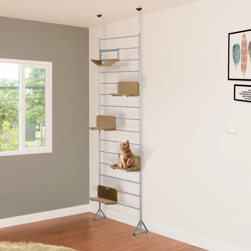 PawHut 107.5" Floor-to-Ceiling Cat Tree Height Adjustable Climbing Tower, Kitten Activity Center with Hammock and 4 Platforms