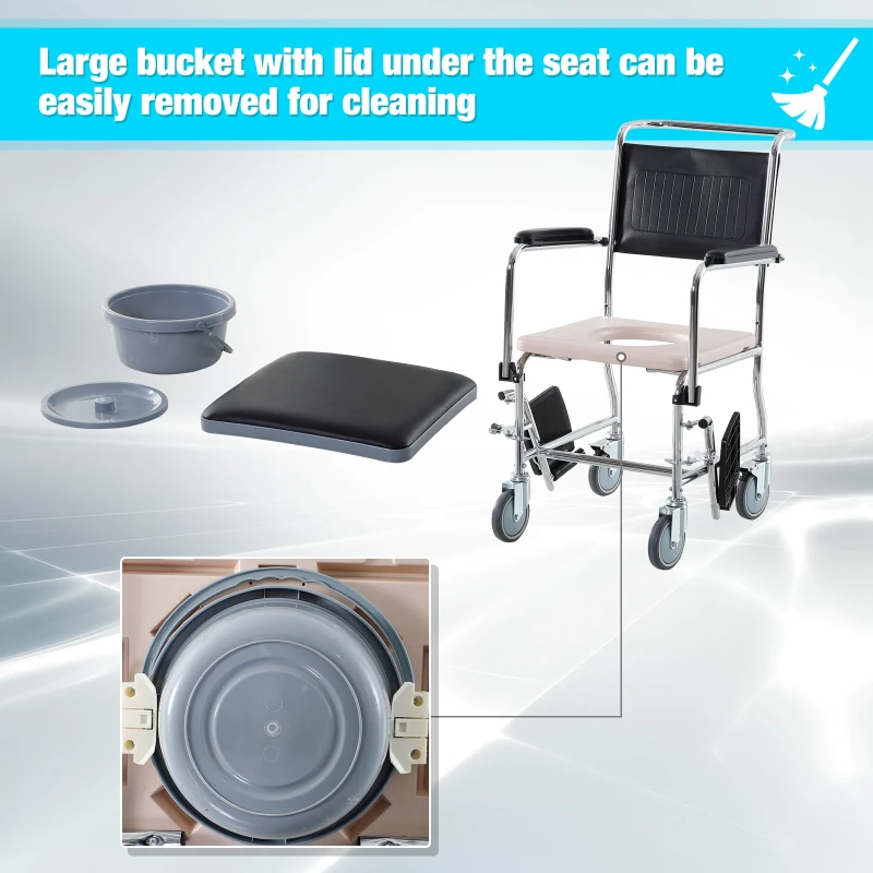 HOMCOM Shower Rolling Chair Personal Mobility Assist Bedside Commode Toilet Chair with Detachable Bucket Armrest Wheelchair Design Armchair for Elder Disabled Pregnant, Black