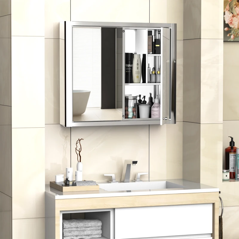 kleankin 28" x 24" Wall Mounted Bathroom Mirror Cabinet with Door Shelves Medicine Cabinet Stainless Steel, Silver