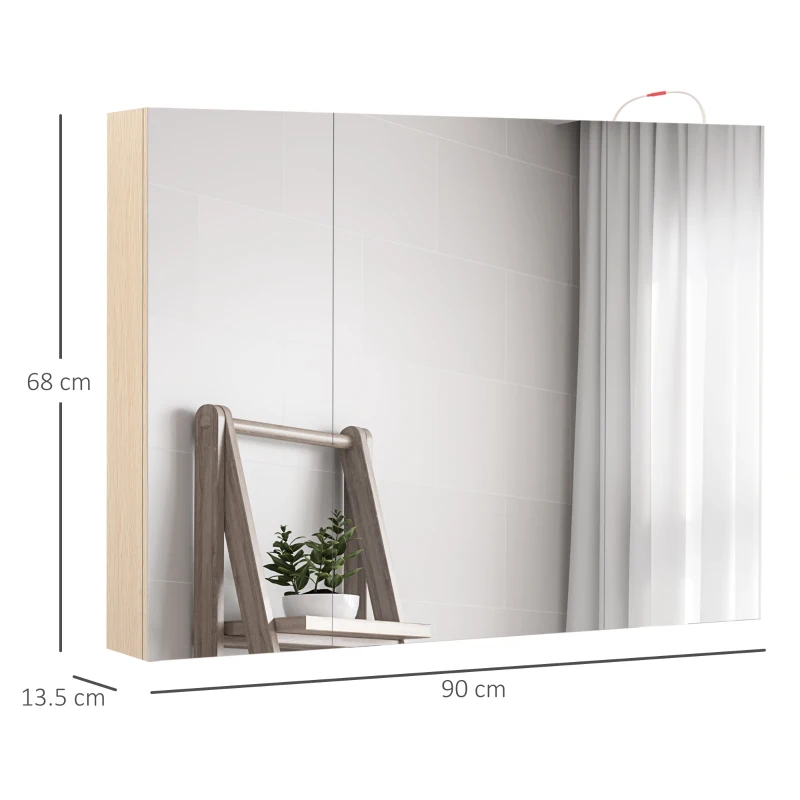 kleankin 36" x 24" Triple Door LED Bathroom Mirror Medicine Cabinet with Adjustable Shelf - White Oak