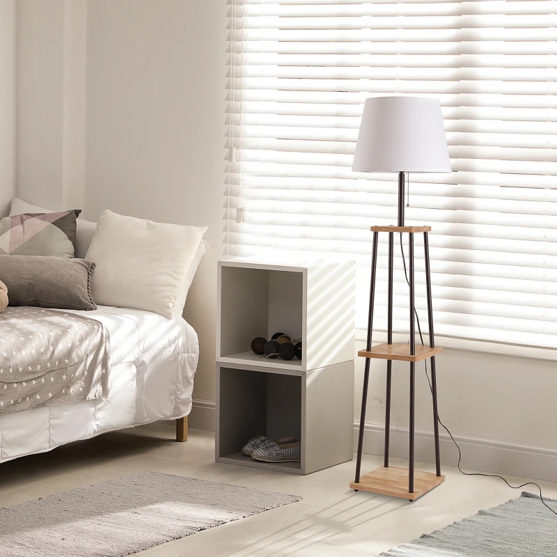 HOMCOM Modern Free Standing Tall Floor Lamp with Linen Style Fabric Shade & 3-Tier Rubberwood Display Shelving