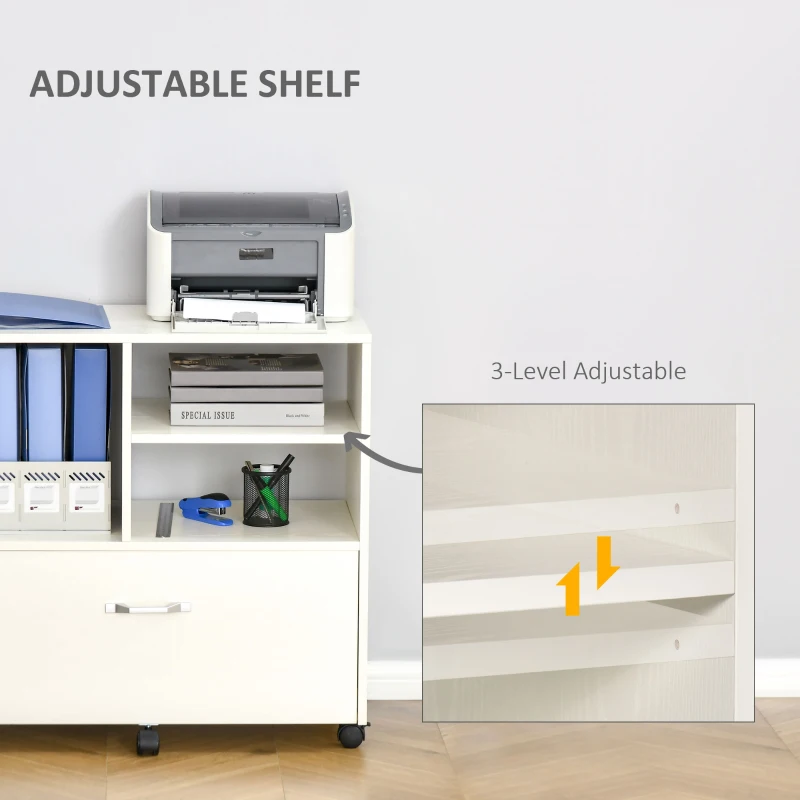 Vinsetto 29" File Cabinet, Office Storage Organizer with 4 Shelves, Wheels and Bottom Drawer for Legal and Letter Sized Files, White