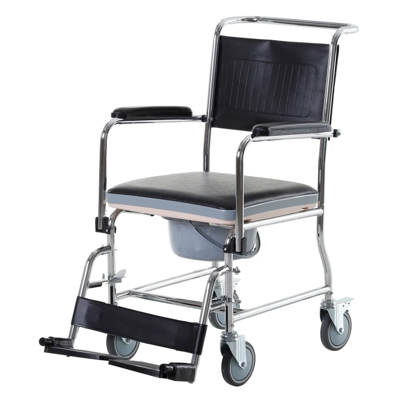 HOMCOM Shower Rolling Chair Personal Mobility Assist Bedside Commode Toilet Chair with Detachable Bucket Armrest Wheelchair Design Armchair for Elder Disabled Pregnant, Black
