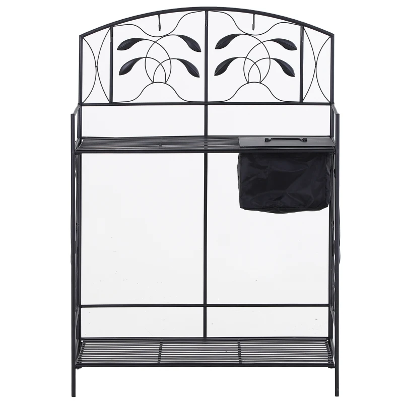 Outsunny Folding Potting Bench Table, Metal Garden Workstation, Work Bench with Build-In Bag with Cover, Hanging Hooks & Storage Shelf