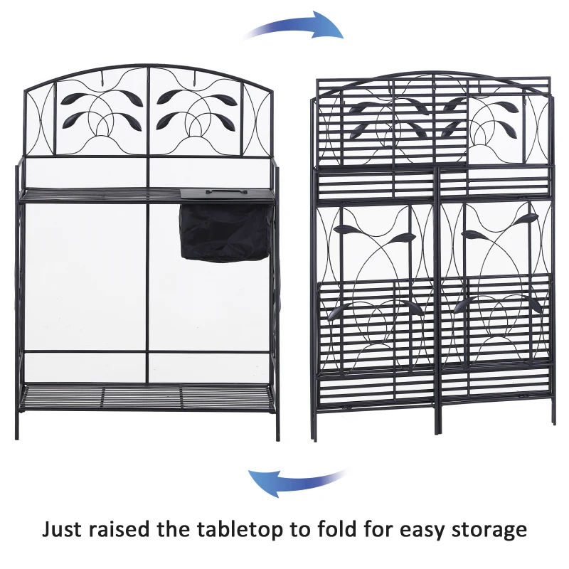Outsunny Folding Potting Bench Table, Metal Garden Workstation, Work Bench with Build-In Bag with Cover, Hanging Hooks & Storage Shelf
