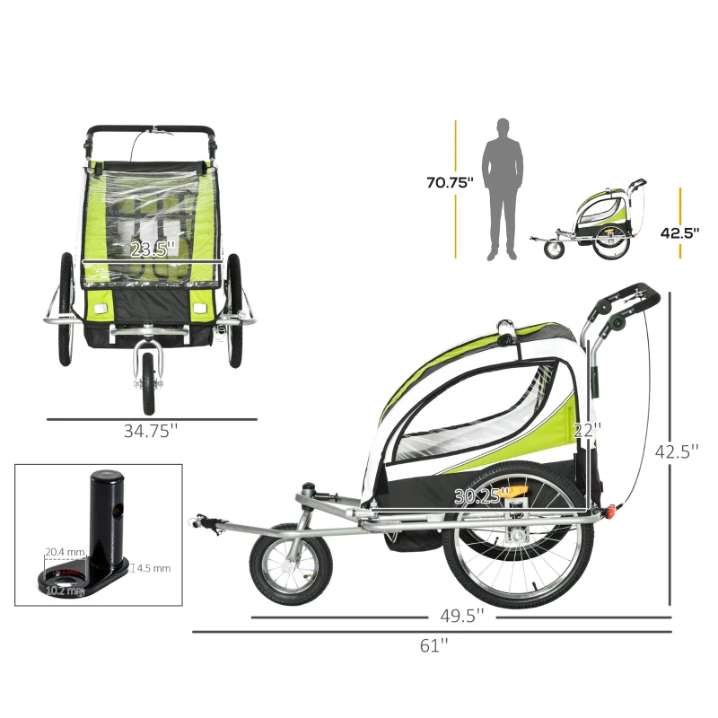 Aosom Foldable Bike Trailer for Kids, Toddler Carrier with 2 Seats, Safety Flag, Light Reflectors, & 5 Point Harness, Green