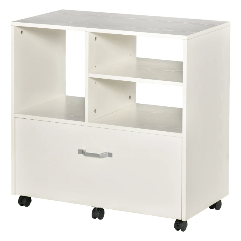 Vinsetto 29" File Cabinet, Office Storage Organizer with 4 Shelves, Wheels and Bottom Drawer for Legal and Letter Sized Files, White