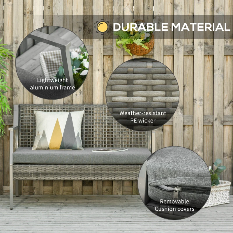 Outsunny Aluminum Rattan Wicker Outdoor Patio Cushioned Loveseat Bench for Backyard Porch Garden Poolside and Deck, Grey