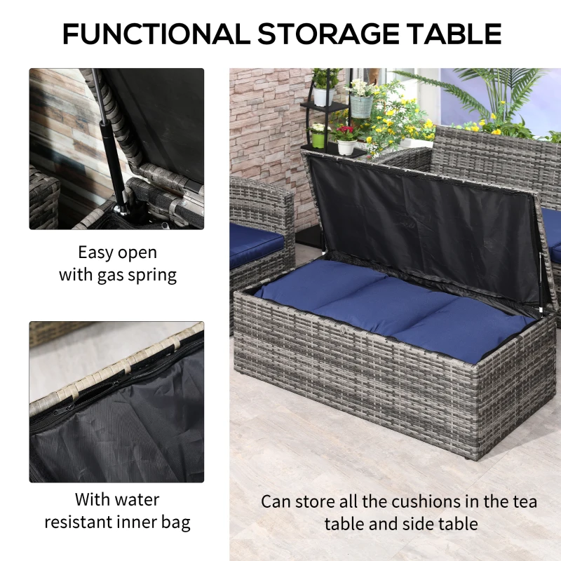 Outsunny 6 Pieces Wicker Patio Furniture Set with Cushions, 7-Seater Rattan Patio Sofa Set with Storage Table, Navy Blue