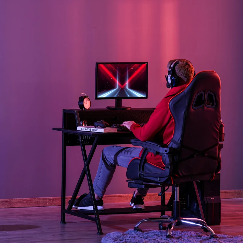 HOMCOM Racing Gaming Desk Carbon Fiber Style Computer Table with Elevated Monitor Shelf, Headphone Hook and Cup Holder, Black