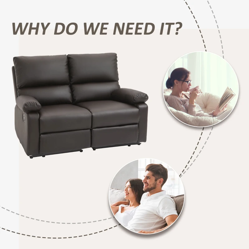 HOMCOM Modern Manual Recliner 2 Seater Sofa Reclining Loveseat with PU Leather Upholstery, Side Handles and Footrest, Brown