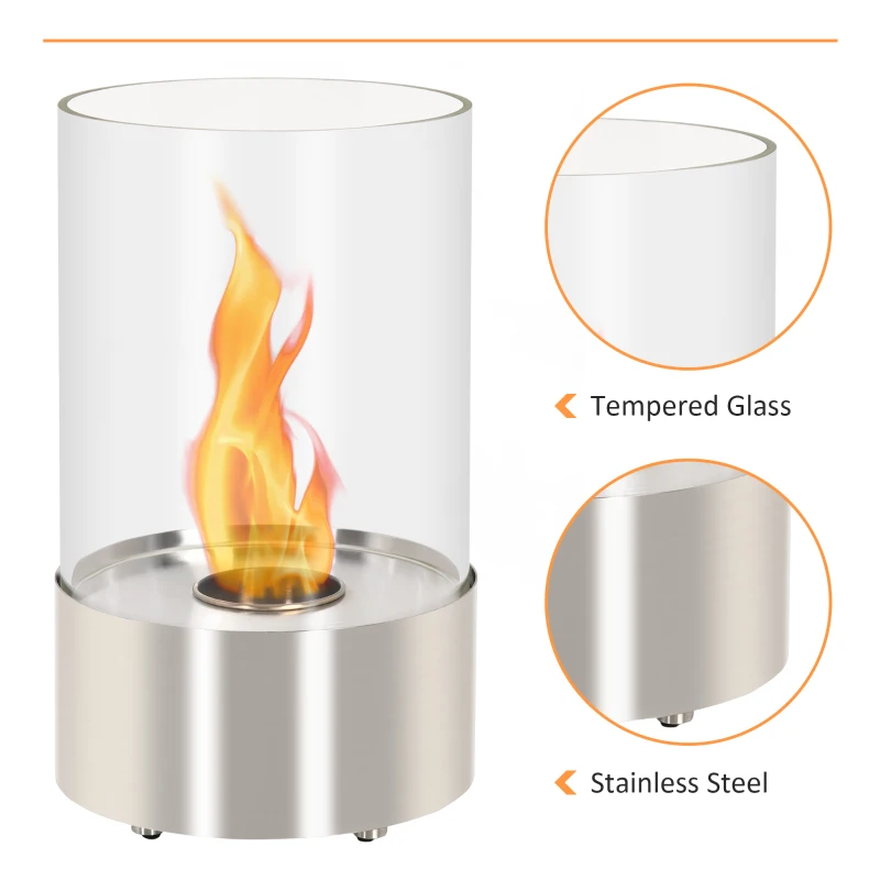 HOMCOM Ethanol Fireplace, 9" Tabletop 0.1 Stainless Steel, 160 Sq. Ft., Burns up to 1 Hour, Silver