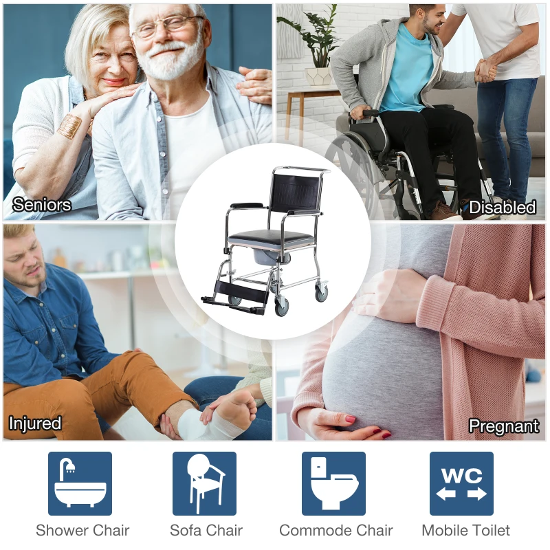 HOMCOM Shower Rolling Chair Personal Mobility Assist Bedside Commode Toilet Chair with Detachable Bucket Armrest Wheelchair Design Armchair for Elder Disabled Pregnant, Black