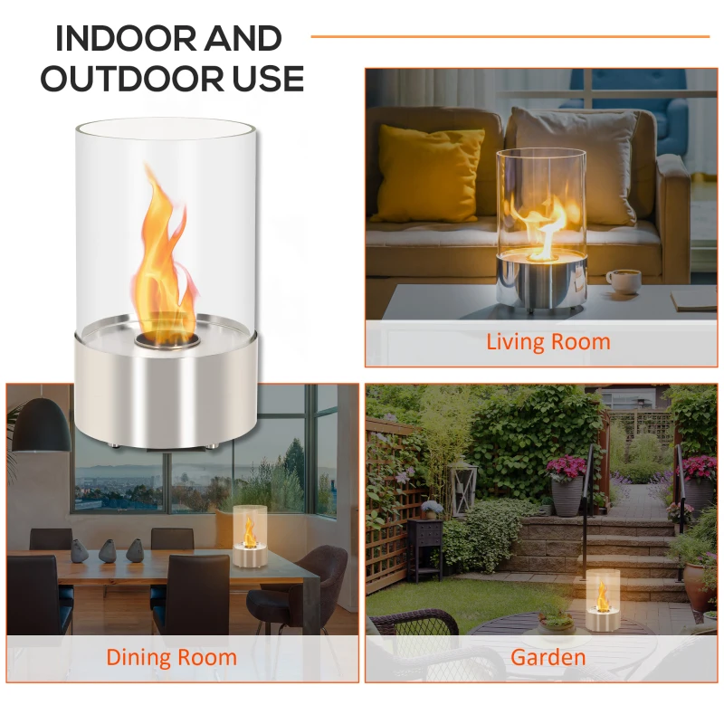 HOMCOM Ethanol Fireplace, 9" Tabletop 0.1 Stainless Steel, 160 Sq. Ft., Burns up to 1 Hour, Silver