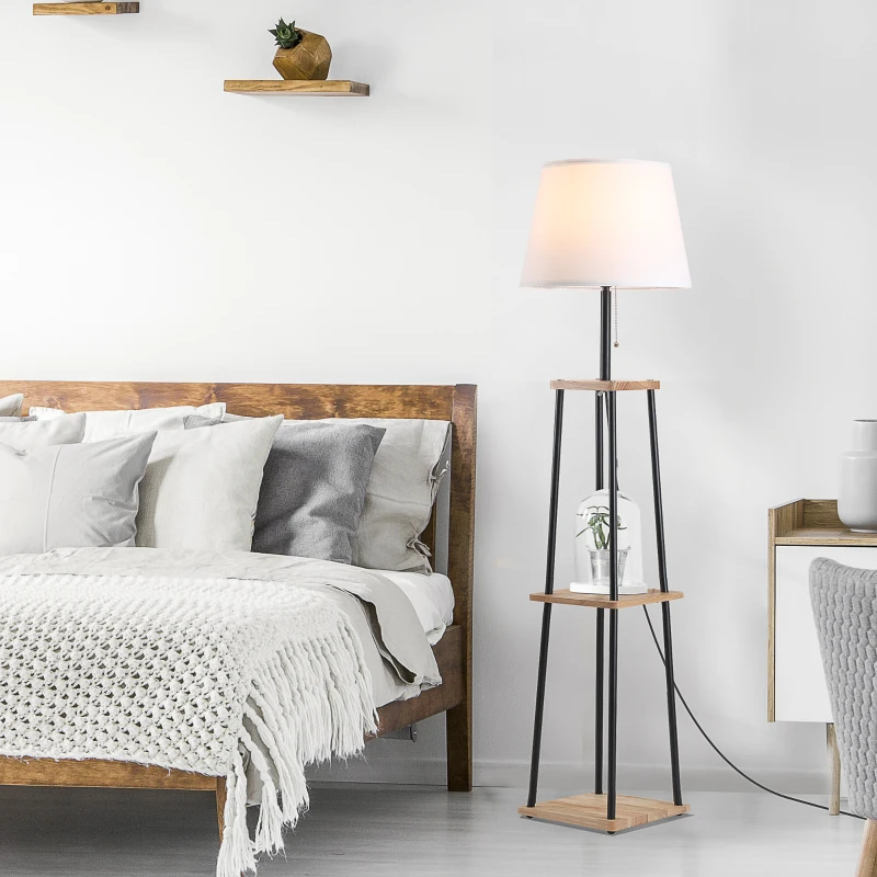 HOMCOM Modern Free Standing Tall Floor Lamp with Linen Style Fabric Shade & 3-Tier Rubberwood Display Shelving