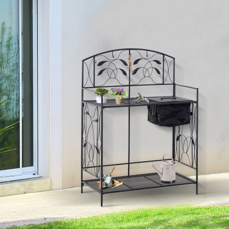 Outsunny Folding Potting Bench Table, Metal Garden Workstation, Work Bench with Build-In Bag with Cover, Hanging Hooks & Storage Shelf