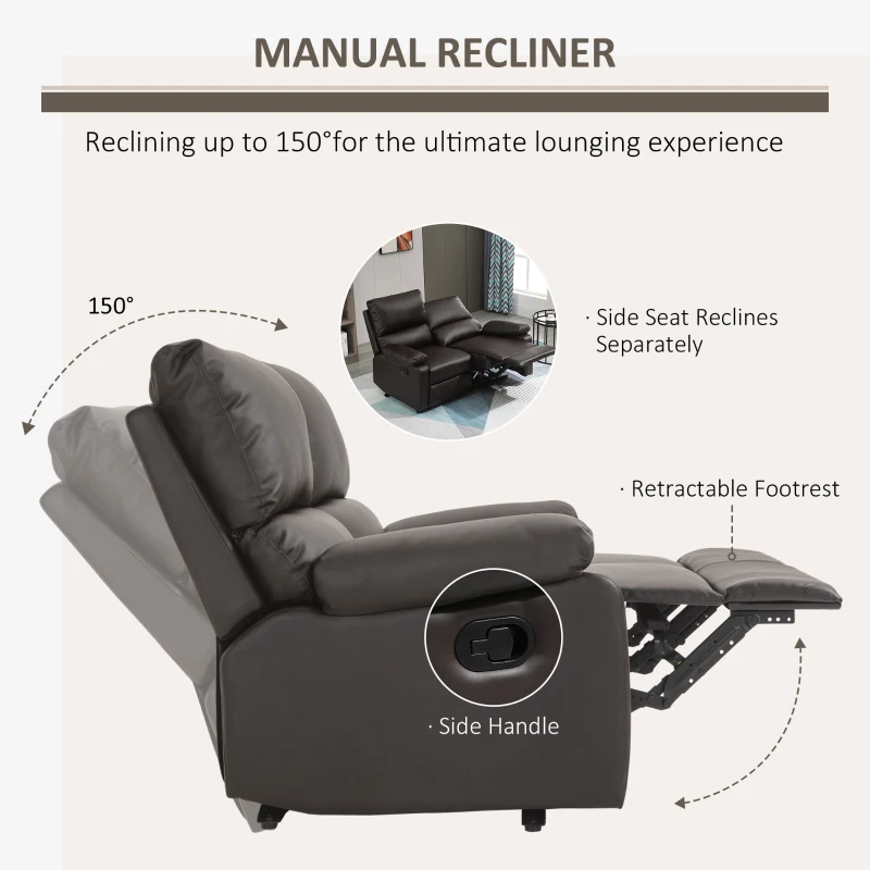 HOMCOM Modern Manual Recliner 2 Seater Sofa Reclining Loveseat with PU Leather Upholstery, Side Handles and Footrest, Brown