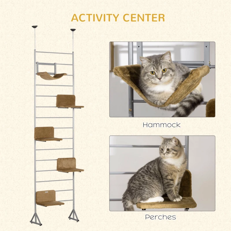 PawHut 107.5" Floor-to-Ceiling Cat Tree Height Adjustable Climbing Tower, Kitten Activity Center with Hammock and 4 Platforms