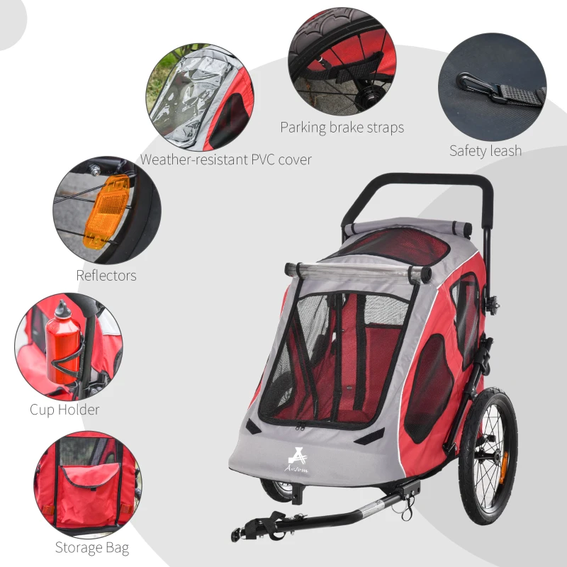 Aosom Dog Bike Trailer 2-In-1 Pet Stroller Cart Bicycle Wagon Cargo Carrier Attachment for Travel with 360 Swivel Wheel Reflectors Parking Brake Straps Cup Holder Red