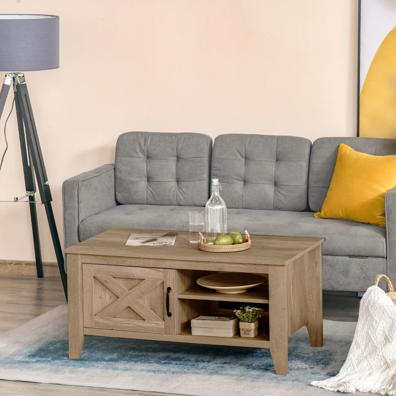 HOMCOM Farmhouse Coffee Table with Enclosed Storage Cabinet and Adjustable Open Shelves for Living Room, Oak