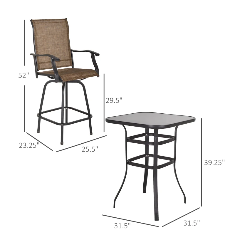 Outsunny 3 Piece Outdoor Patio Bar-Height Bar Set with Comfort Sling Fabric, Steel Frame, & Weather-Fighting, Brown